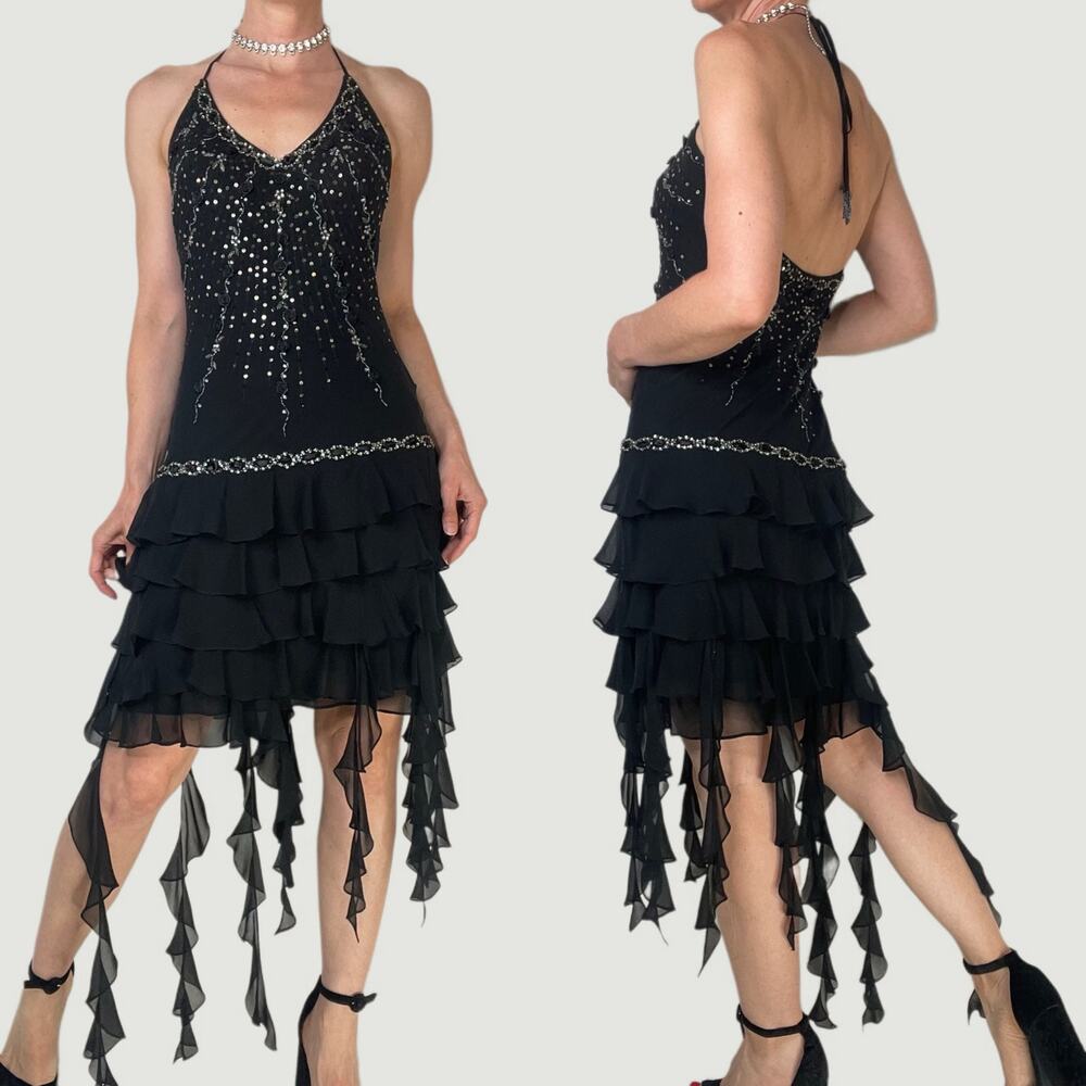 Sue Wong beaded‎ sequin rosette halter silk prom dress fairy cocktail Nocturne 4 - Picture 3 of 14